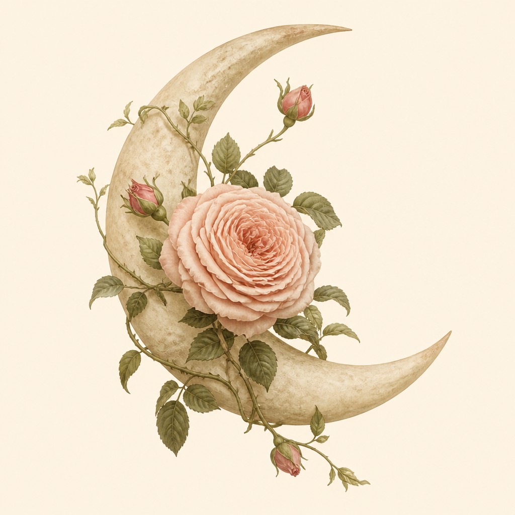 a rose entwined with a crescent moon, clean balanced composition on a plain background, no text — Cottagecore Fashion Style tattoo design