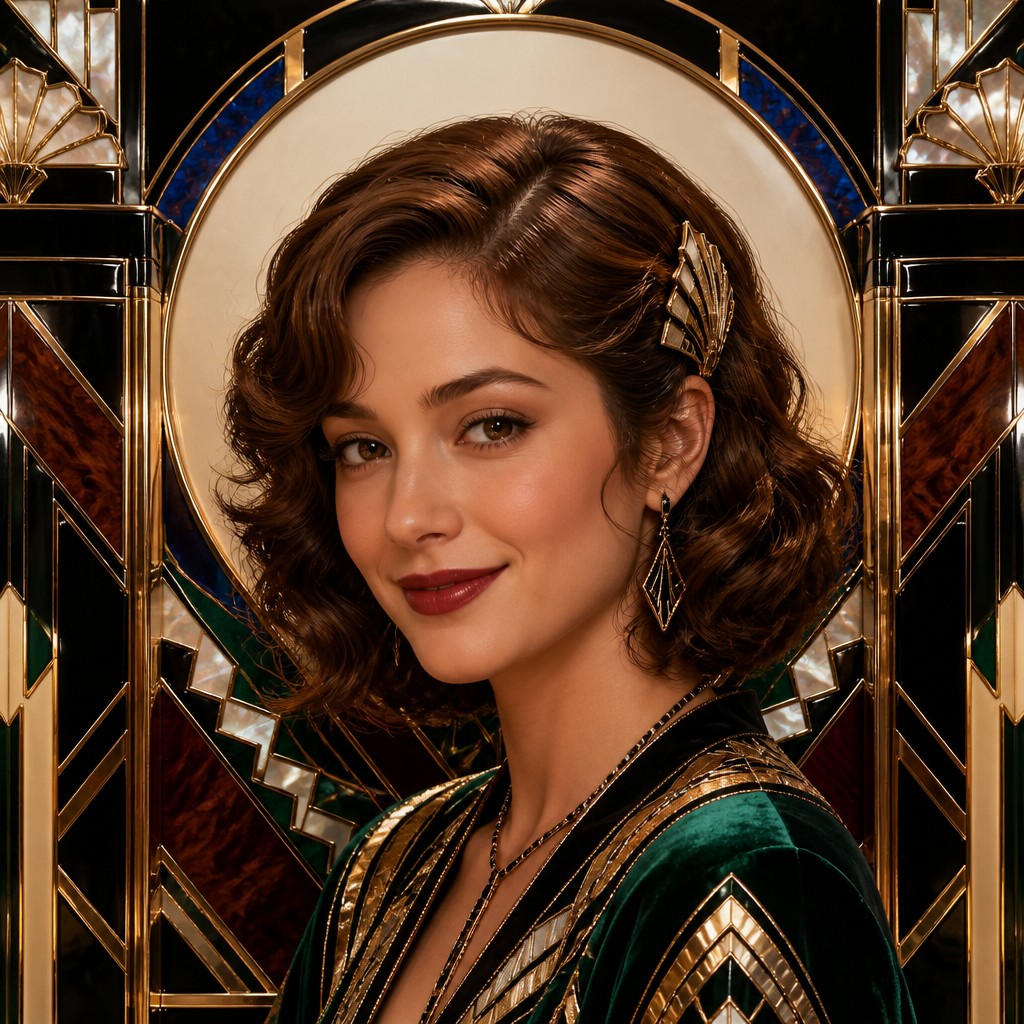 head-and-shoulders portrait of an original character: a young woman with wavy chestnut hair and a warm smile, plain soft backdrop — Art Deco Furniture Art profile picture