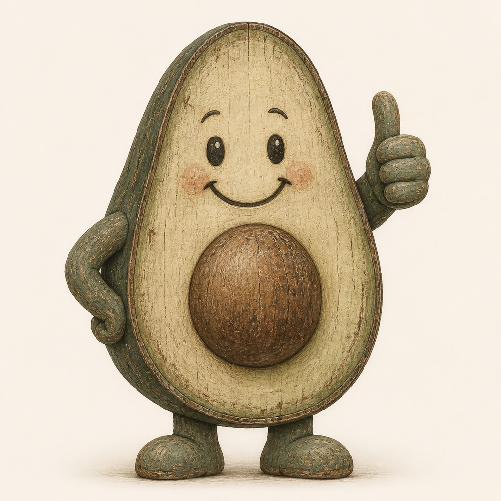 a happy avocado character giving a thumbs up, bold readable design on a plain background, no text — Rustic Farmhouse Furniture Art sticker