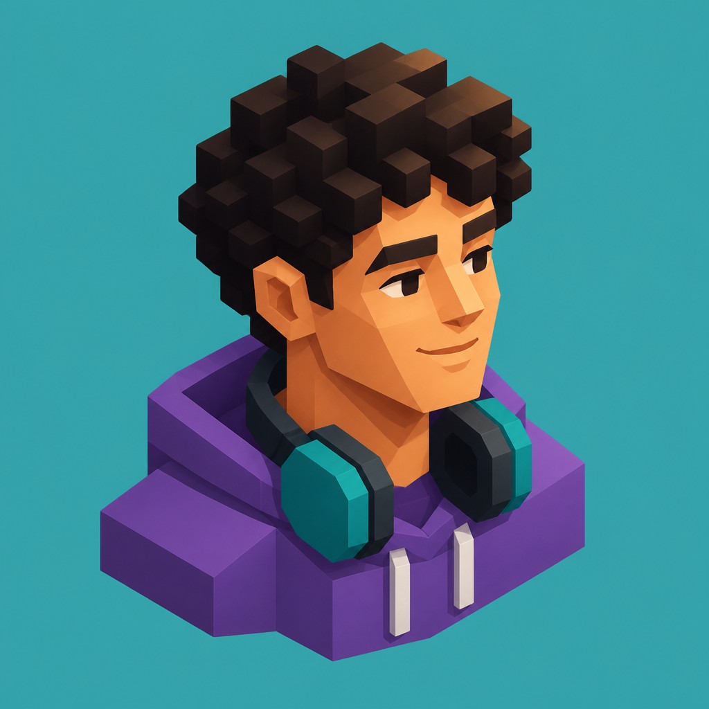 head-and-shoulders portrait of an original character: a young man with curly dark hair and headphones around his neck, plain backdrop, no text — Isometric Icon Design Discord profile picture