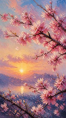 cherry blossom branches against a soft dawn sky, no people — Digital Painting Art Style wallpaper