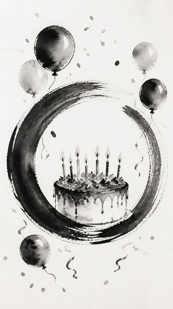a birthday cake with lit candles surrounded by balloons and confetti, festive vertical composition, no text — Zen Circle Minimalism Art Style birthday card