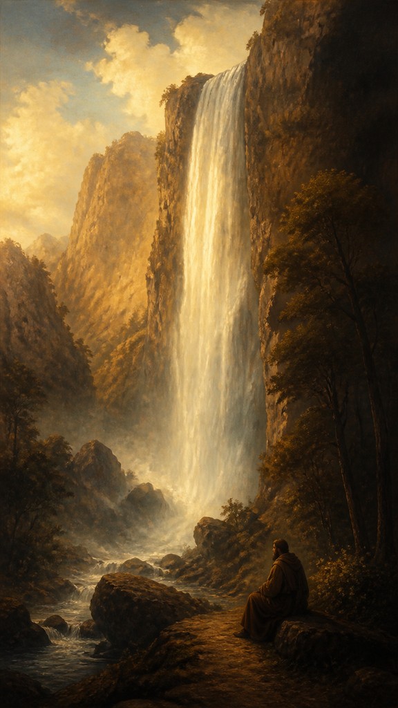 towering waterfall cascading down a cliff — Renaissance Art Style