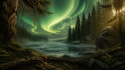 a sweeping aurora over a frozen lake, no people — Forestcore Aesthetic wallpaper