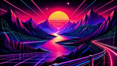 a vast valley with a river winding toward distant mountains at sunrise, no people, no text — 80s Retro Aesthetic wallpaper