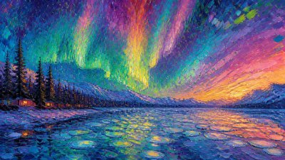 a sweeping aurora over a frozen lake, no people — Impressionist Landscape Art Style wallpaper