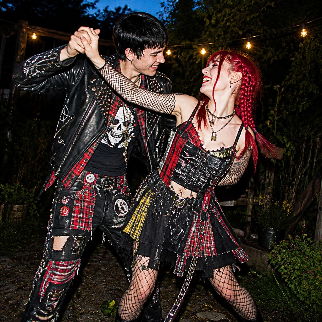 an original couple dancing under string lights in a garden at dusk: a man with short black hair in a linen shirt and a woman with braided red hair in a summer dress — Punk Fashion Style couple portrait