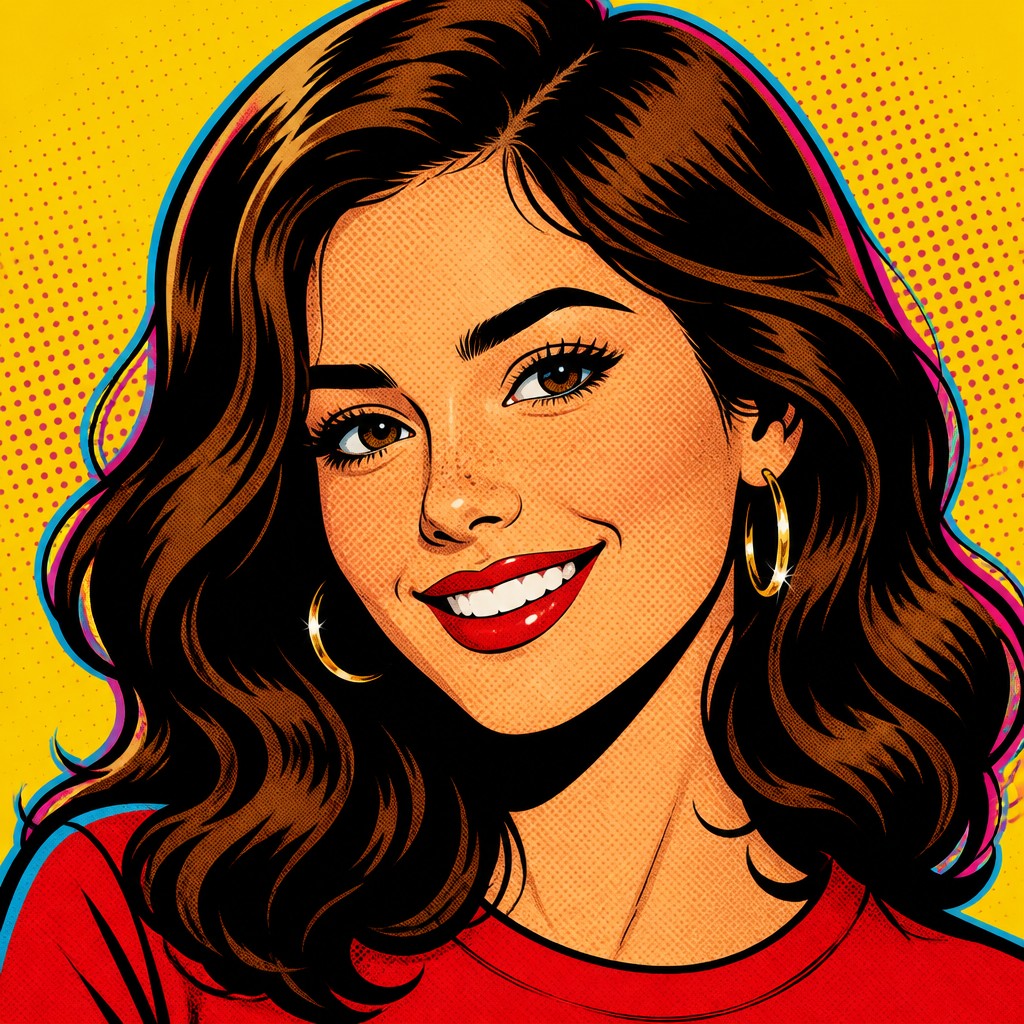 head-and-shoulders portrait of an original character: a young woman with wavy chestnut hair and a warm smile, plain soft backdrop — Advertisement Pop Art Style profile picture