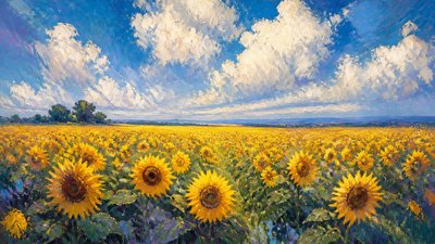 an endless field of sunflowers under summer clouds, no people — Digital Painting Art Style wallpaper