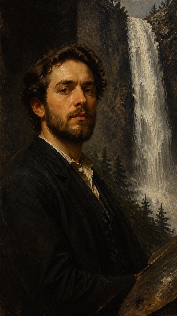 towering waterfall cascading down a cliff — Self-Portrait Painting Style