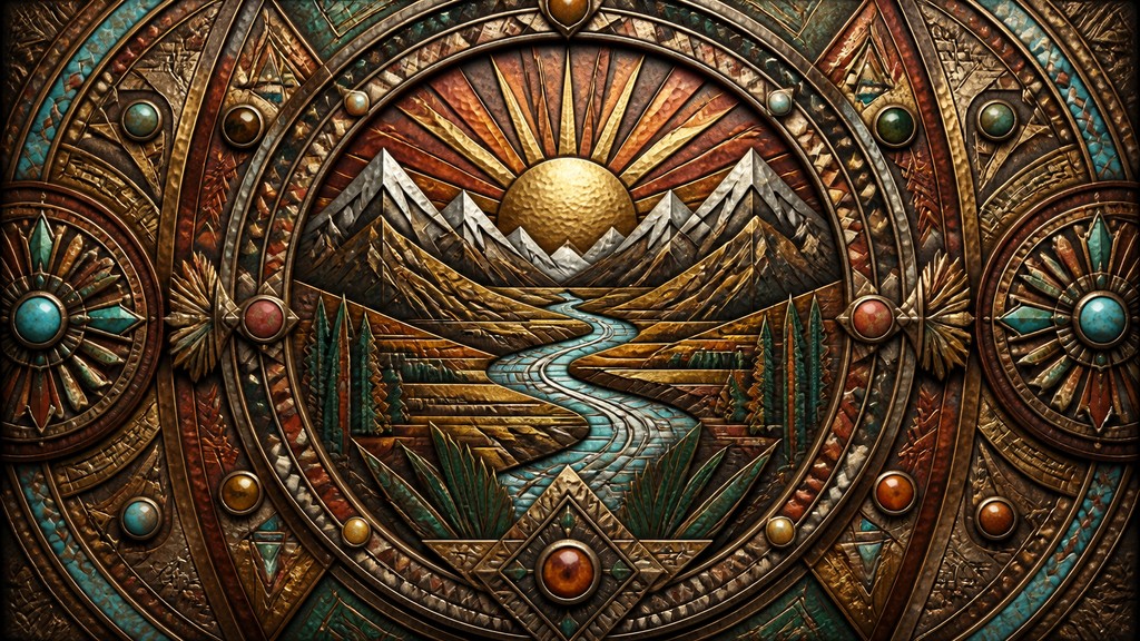 a vast valley with a river winding toward distant mountains at sunrise, no people, no text — Ethnic Tribal Jewelry Design desktop wallpaper