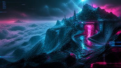 a wide alpine ridge above a sea of clouds, no people — Cyberpunk Sci-Fi Art wallpaper