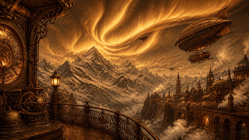 a flowing aurora over snowy peaks, wide sweeping composition, no people, no text — Steampunk Art Style banner