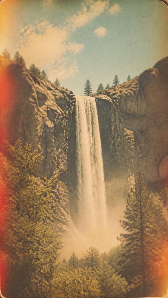 towering waterfall cascading down a cliff — Nostalgiacore Aesthetic