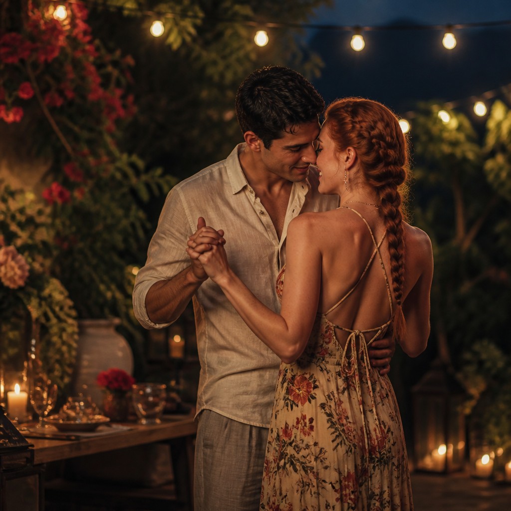 an original couple dancing under string lights in a garden at dusk: a man with short black hair in a linen shirt and a woman with braided red hair in a summer dress — Food Photography Still Life Art Style couple portrait