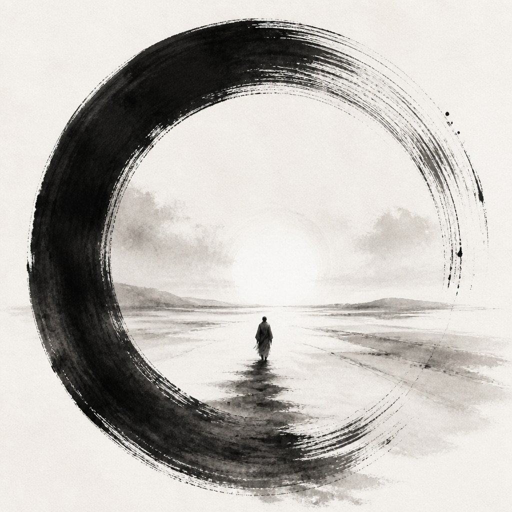 a solitary figure walking toward a glowing horizon across an empty plain, moody atmosphere, no text or lettering — Zen Circle Minimalism Art Style album cover