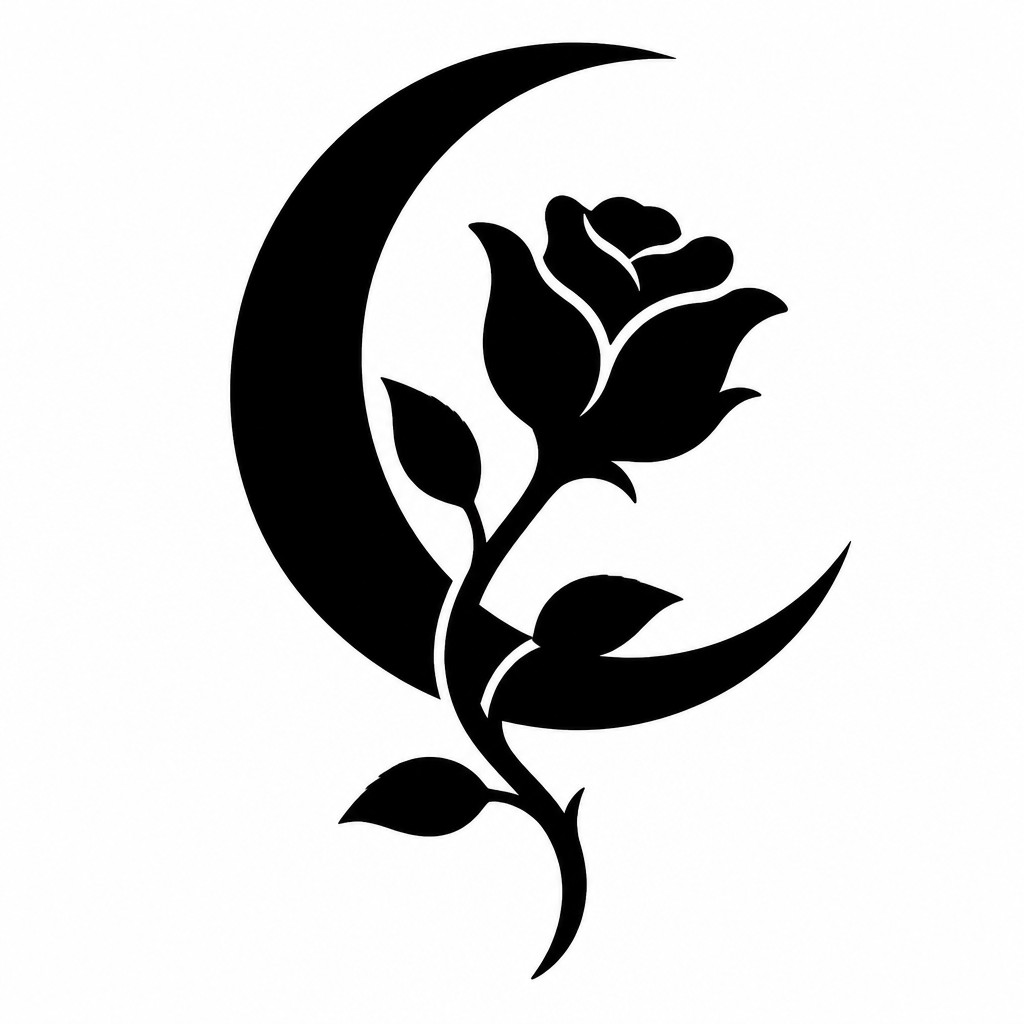 a rose entwined with a crescent moon, clean balanced composition on a plain background, no text — Glyph Icon Design tattoo design