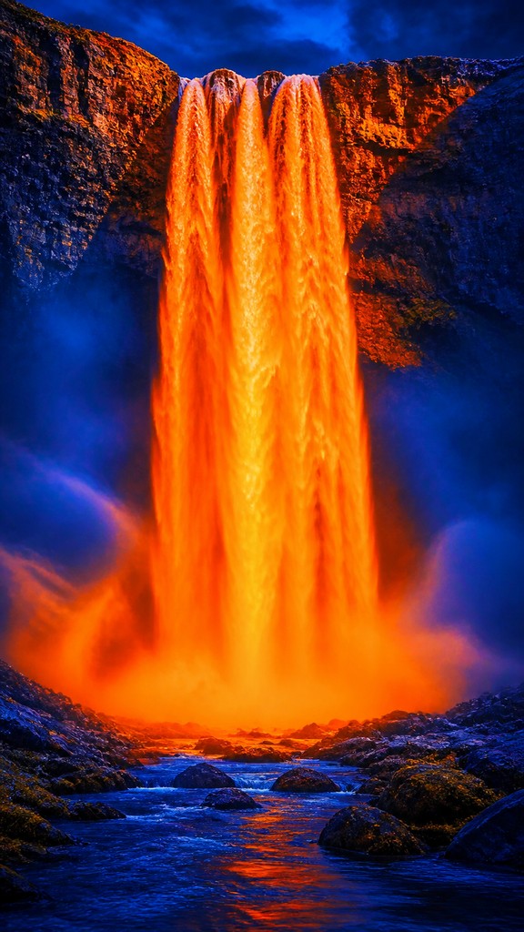 towering waterfall cascading down a cliff — Complementary Color Art Style