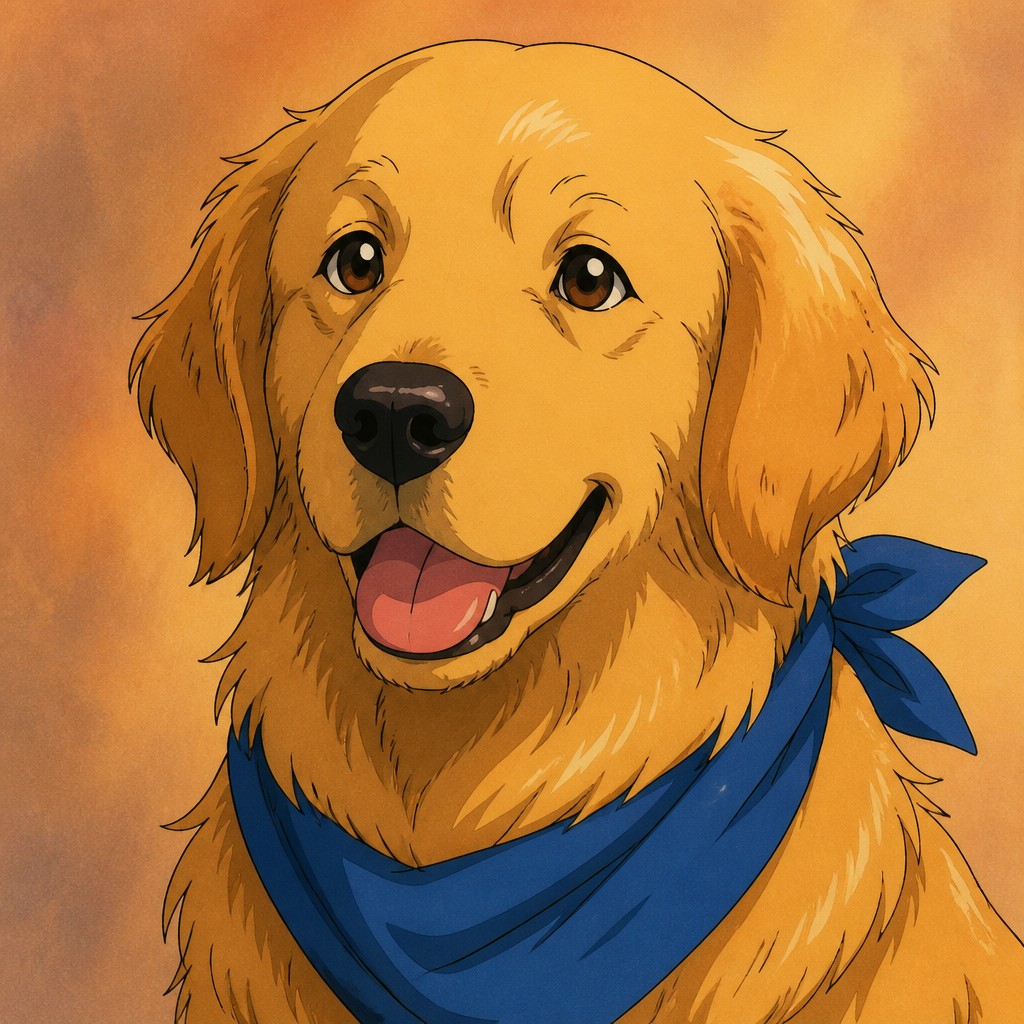 portrait of a golden retriever wearing a blue bandana, warm plain backdrop, no text — 90s Anime Cell Animation Still pet portrait
