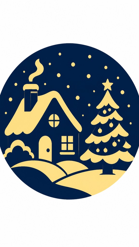 a snow-covered cottage with warm glowing windows beside a decorated pine tree, gentle snowfall, no text — Duotone Icon Design Christmas card