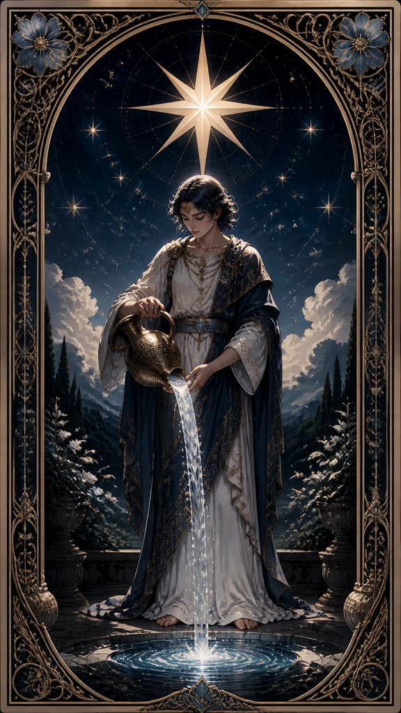 a robed figure pouring water beneath a large eight-pointed star in a night sky, symmetrical composition with an ornate decorative border, no text — Semi-Realistic Anime Art Style tarot card