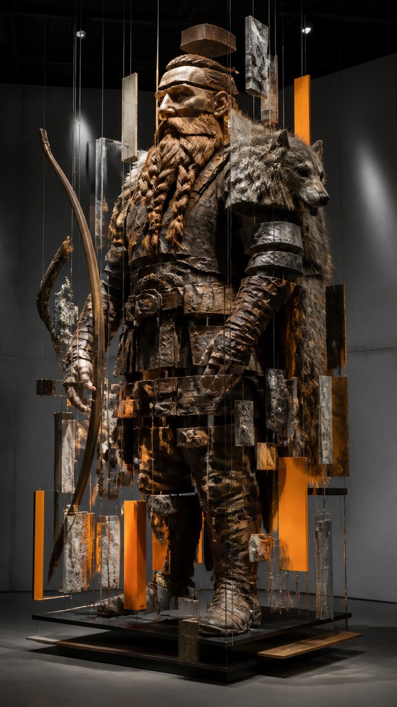 full-body original character: a dwarven ranger with a braided auburn beard, worn leather armor, a longbow and a wolf-pelt cloak, neutral background, no text — Installation Modern Art Style tabletop character portrait
