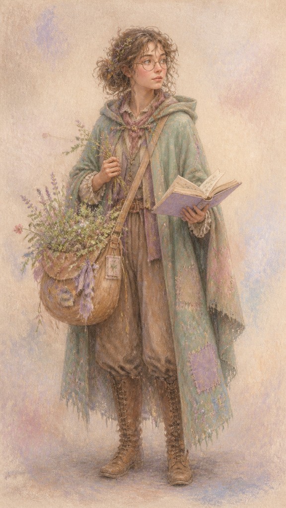 full-body original character: a wandering botanist with a satchel of plants, a patched green cloak, tall boots and round glasses, neutral background — Pastel Art Style character design