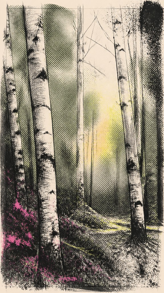 a serene birch forest in soft morning light, no people, no text — Indie/Alternative Comic Art wall art print