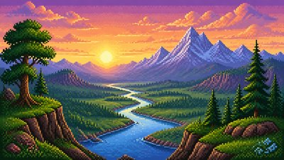 a vast valley with a river winding toward distant mountains at sunrise, no people, no text — 16-Bit Pixel Art Style wallpaper