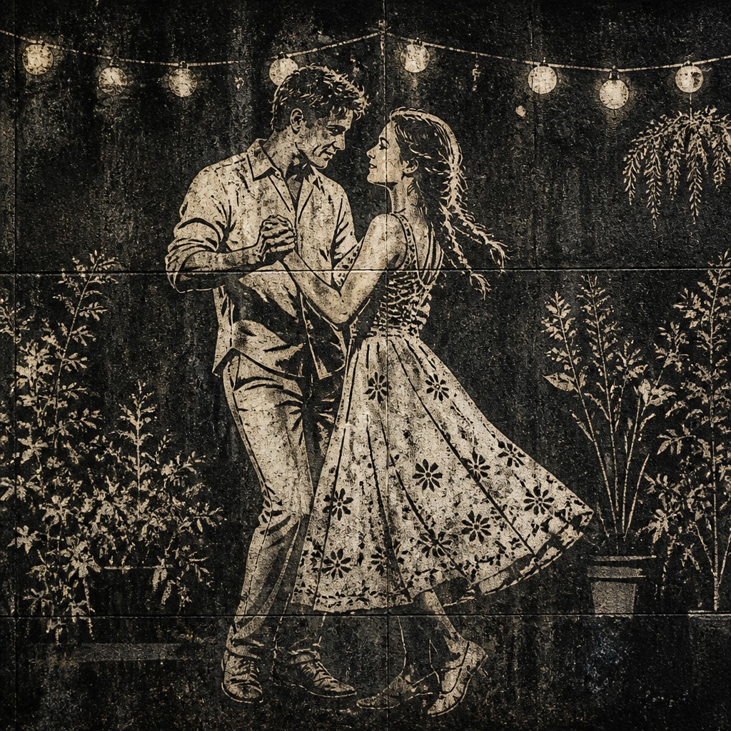 an original couple dancing under string lights in a garden at dusk: a man with short black hair in a linen shirt and a woman with braided red hair in a summer dress — Reverse Graffiti Street Art Style couple portrait