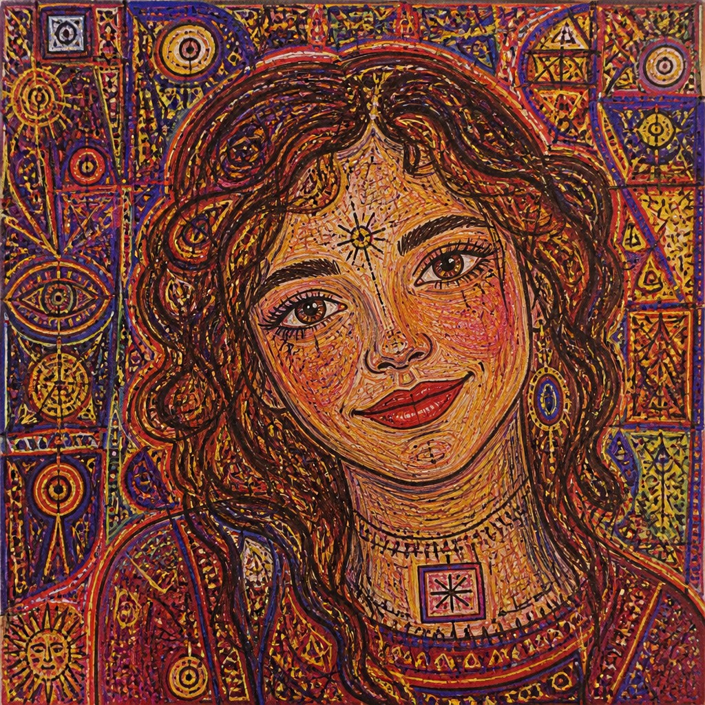 head-and-shoulders portrait of an original character: a young woman with wavy chestnut hair and a warm smile, plain soft backdrop — Outsider Art Style profile picture