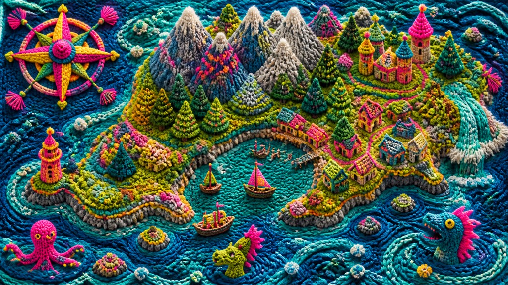 a map of an island realm with mountains, forests, a sheltered bay, sea monsters in the water and a compass rose, no text labels — Yarn Bombing Street Art Style fantasy map
