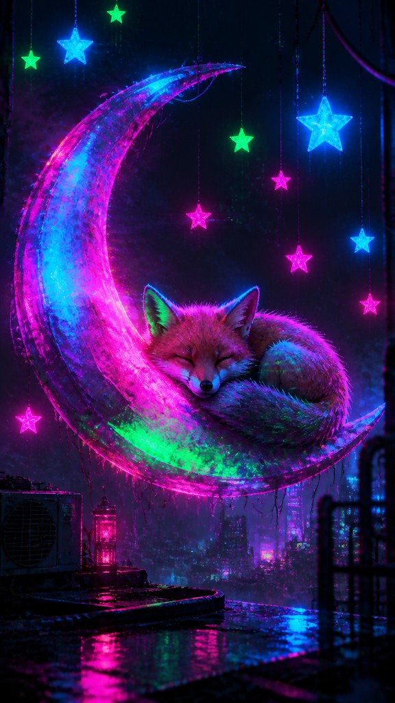 a sleeping baby fox curled on a crescent moon among soft stars, gentle and warm, no text — Cyberpunk Art Style baby announcement