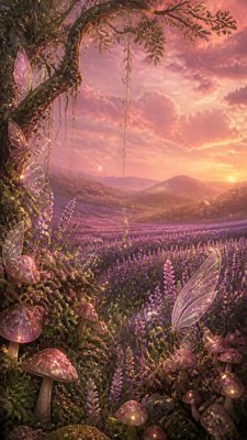 a field of lavender stretching to distant hills at dusk, no people — Fairycore Aesthetic wallpaper
