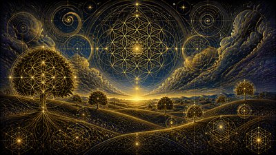 rolling hills with scattered trees under a big dramatic sky, no people — Sacred Geometric Art wallpaper