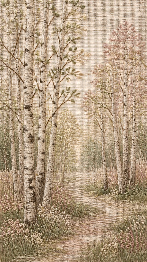 a serene birch forest in soft morning light, no people, no text — Hand Embroidery Illustration / Textile Art wall art print