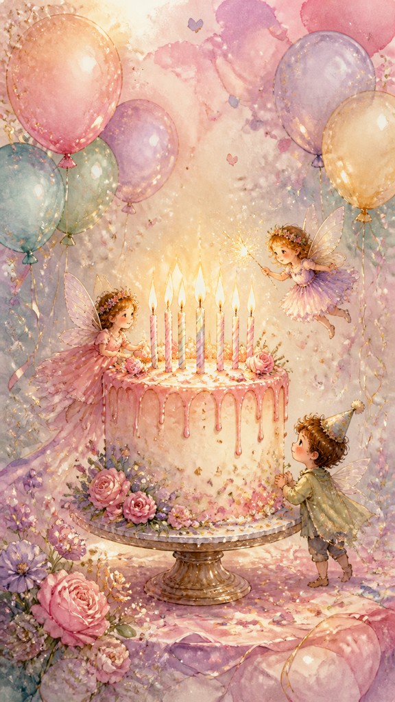 a birthday cake with lit candles surrounded by balloons and confetti, festive vertical composition, no text — Fairy Tale Fantasy Art birthday card