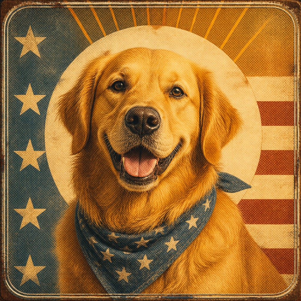 portrait of a golden retriever wearing a blue bandana, warm plain backdrop, no text — Americana Aesthetic pet portrait