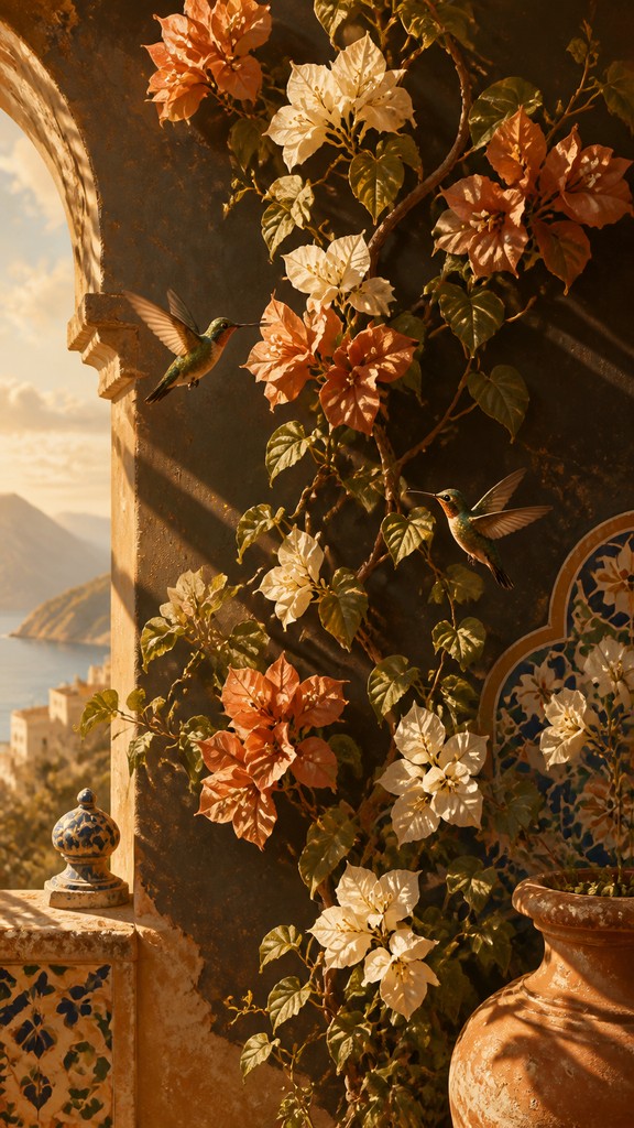 a climbing vine of flowers and hummingbirds on a dark background, tall wrapping composition, no text — Mediterranean Architecture Art phone case design
