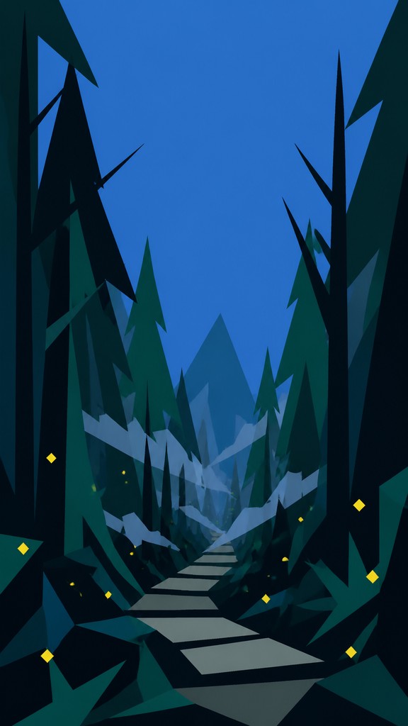 a mysterious forest path with fireflies and drifting mist, atmospheric vertical composition with open space at the top, no text — Hard-edge Painting Style book cover