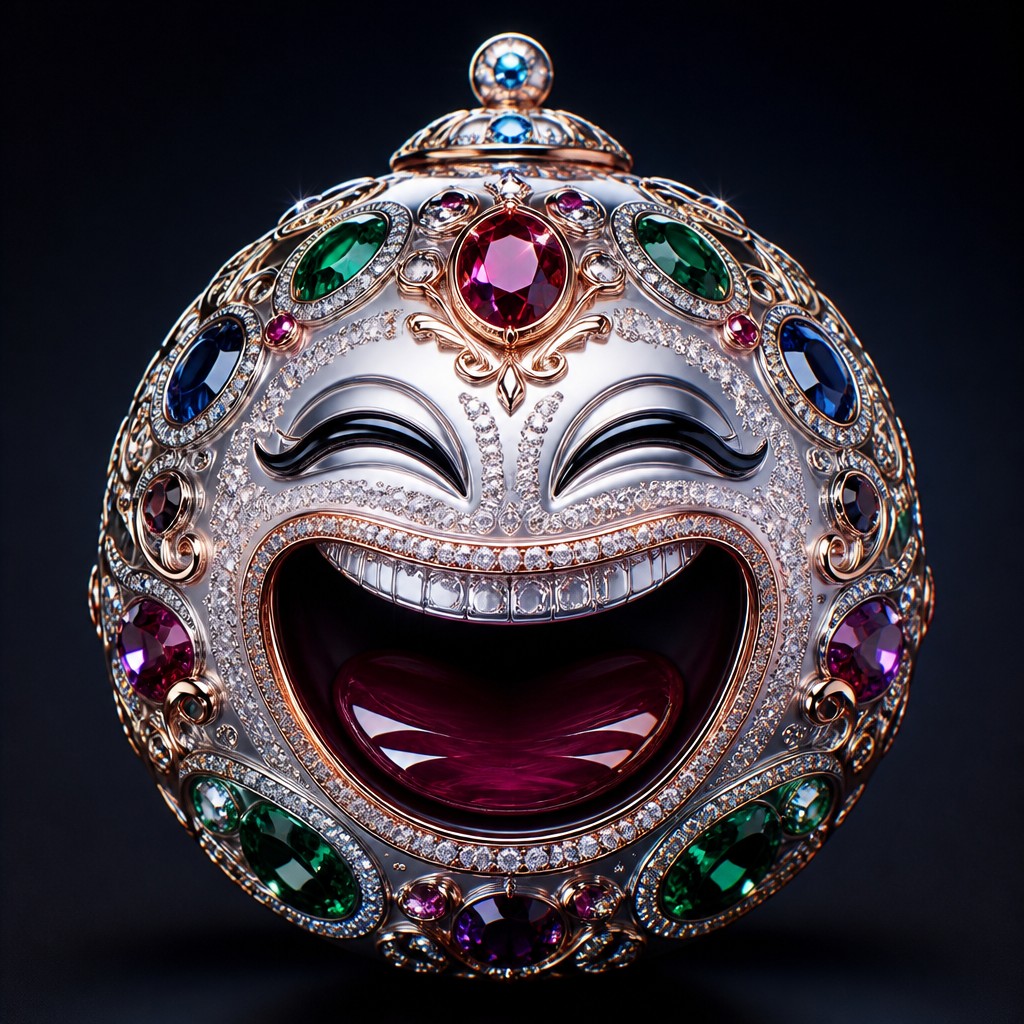 an exaggerated laughing face of an original round mascot character, bold and readable at small size, plain background, no text — Luxury High Jewelry Design Twitch emote