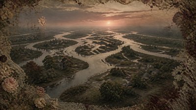 a wide river delta seen from above at sunset, no people — Dark Cottagecore Aesthetic wallpaper