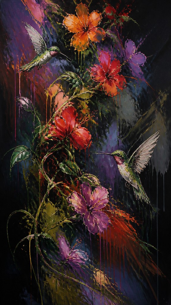 a climbing vine of flowers and hummingbirds on a dark background, tall wrapping composition, no text — Abstract Expressionist Modern Art Style phone case design