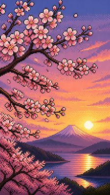 cherry blossom branches against a soft dawn sky, no people — 16-Bit Pixel Art Style wallpaper