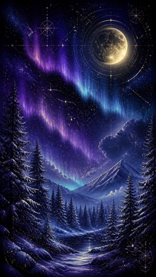 a snowy pine forest under the northern lights, no people — Celestial Aesthetic wallpaper
