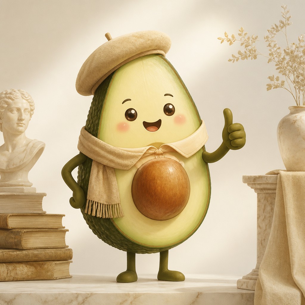 a happy avocado character giving a thumbs up, bold readable design on a plain background, no text — Light Academia Aesthetic sticker