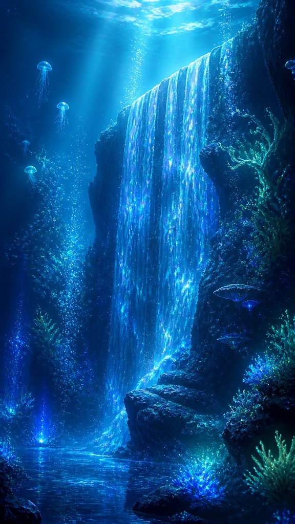 towering waterfall cascading down a cliff — Underwater Fantasy Art