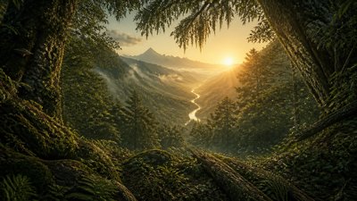 a vast valley with a river winding toward distant mountains at sunrise, no people, no text — Forestcore Aesthetic wallpaper