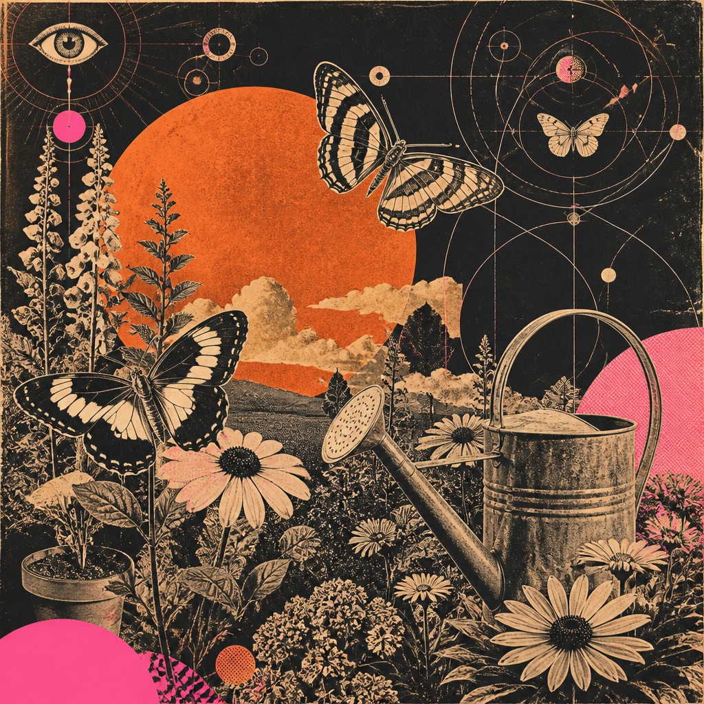 a garden scene with butterflies, flowers and a watering can, clean uncolored line art, no text — Retro-Futuristic Pop Surrealism coloring page