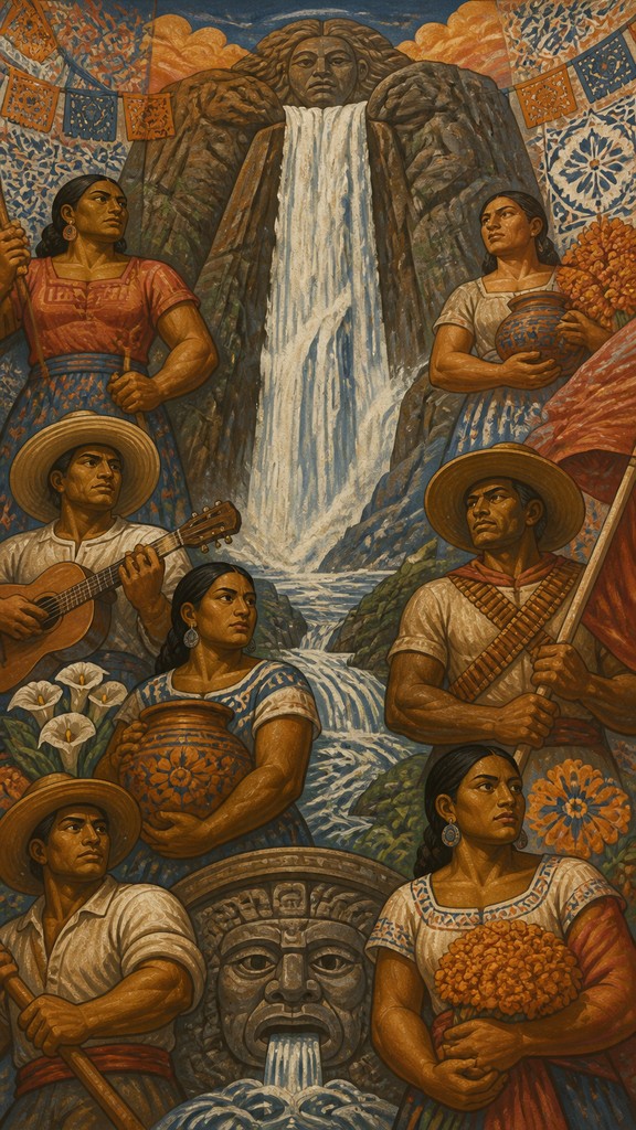 towering waterfall cascading down a cliff — Mexican Art Style